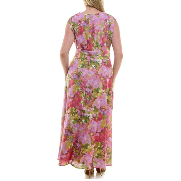 Taylor Pink Lilac Floral Sleeveless Maxi Wrap Dress Gold Metallic Stripe Size 16 - Picture 2 of 14